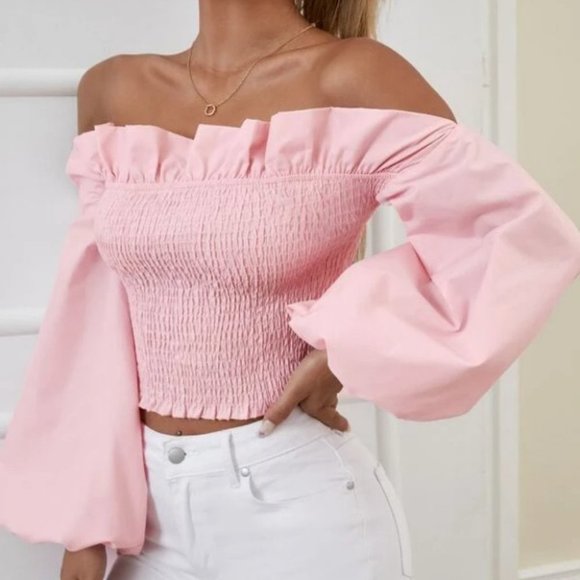 . Tops - Off Shoulder Ruffle Trim Shirred Long sleeved Crop Blouse Pink